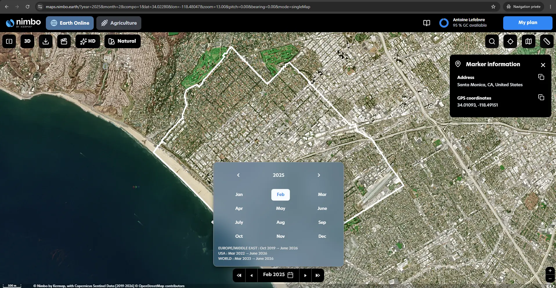 Selecting February 2024 satellite imagery of the Palisades Fire area in NIMBO Earth Online