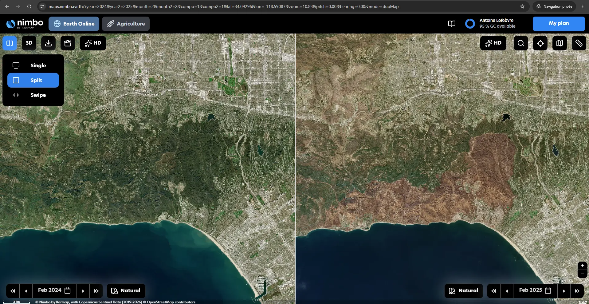 Before and after satellite imagery comparison of the January 2025 Palisades Fire in Los Angeles using NIMBO