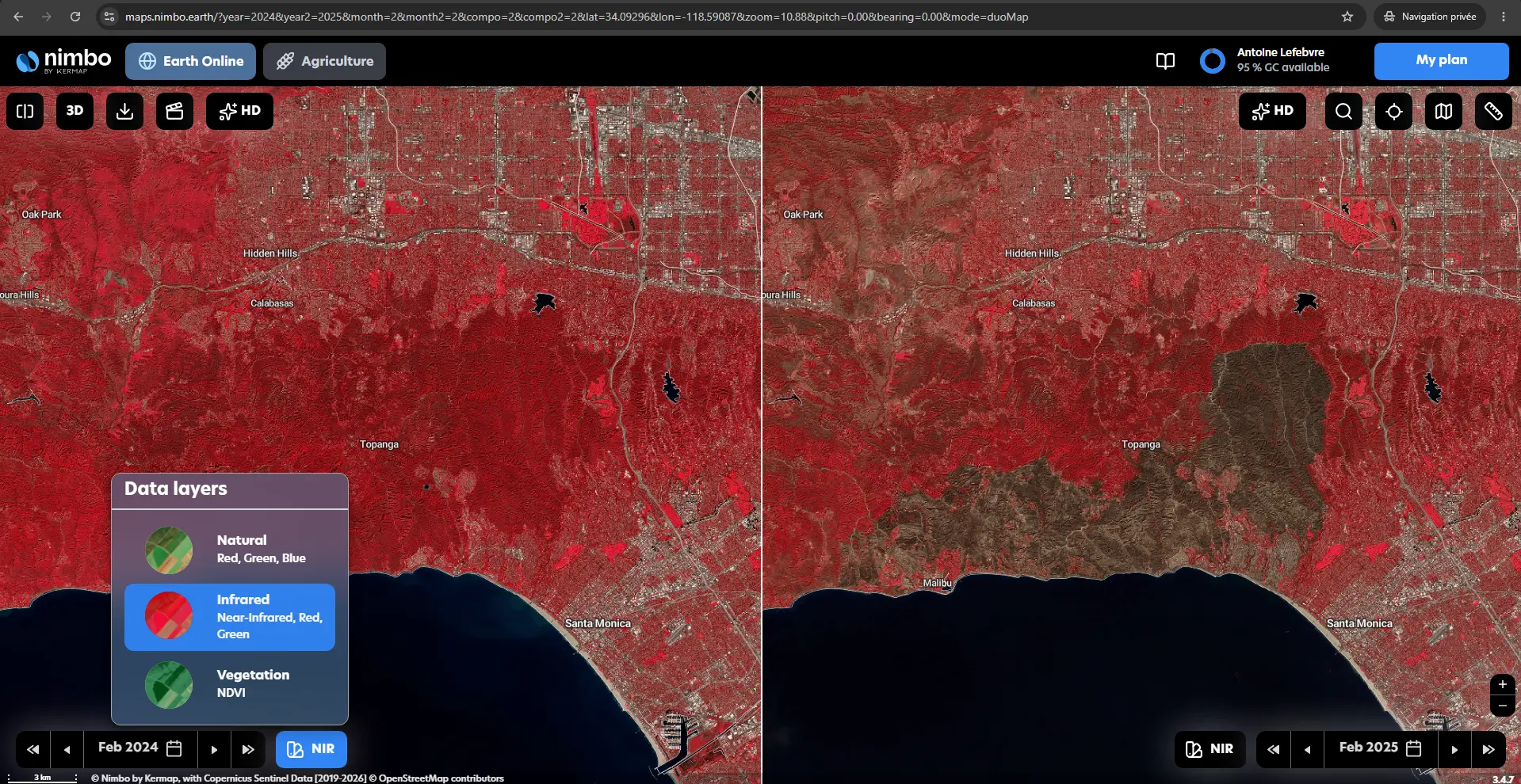 Near Infrared satellite imagery of the Palisades Fire area in NIMBO Earth Online