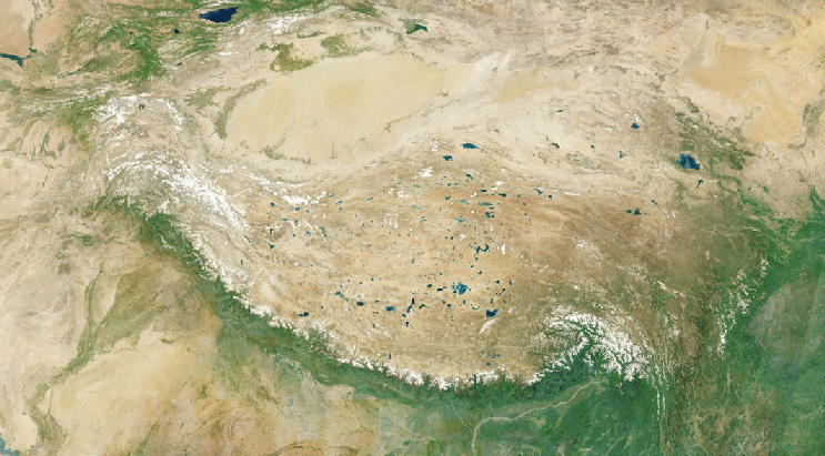 Animation comparing flat satellite imagery versus imagery enhanced with Nimbo Hillshade over the Tibetan Plateau