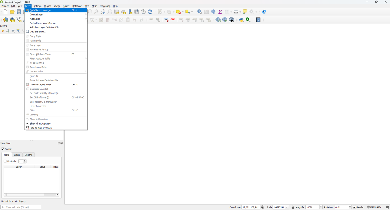 Opening the Data Source Manager in QGIS