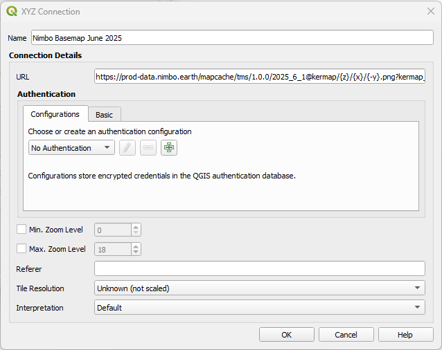 Configuring the Nimbo Basemap connection in QGIS