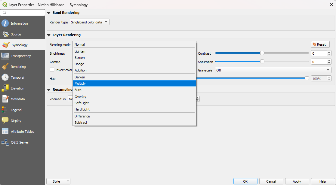 Setting blending mode to Multiply in QGIS